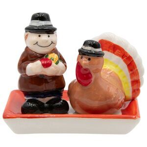 Thanksgiving Turkey and Pilgrim Tabletop Salt and Pepper Shaker Set